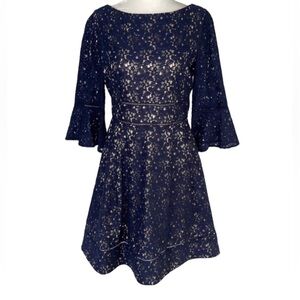 Eliza J Lace Bell Sleeve Fit & Flare‎ Dress Boat Neck Lined Navy Blue Size 8